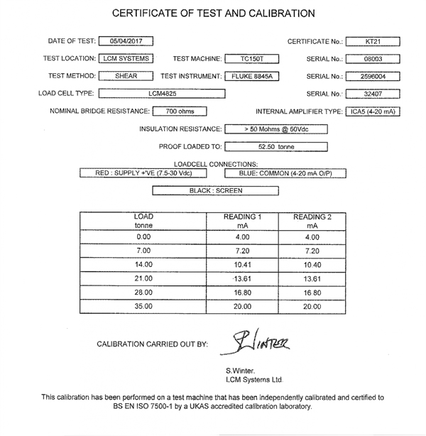 ap123 Celle di Carico certificato di calibrazione