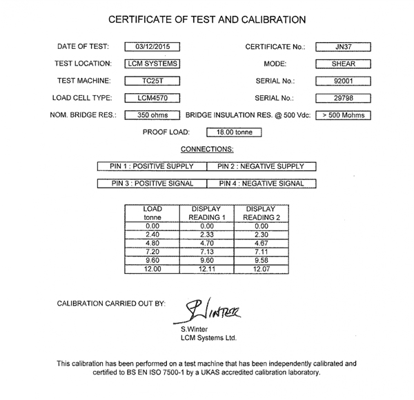 lcm4570 Cella di Carico a Grillo certificato di calibrazione