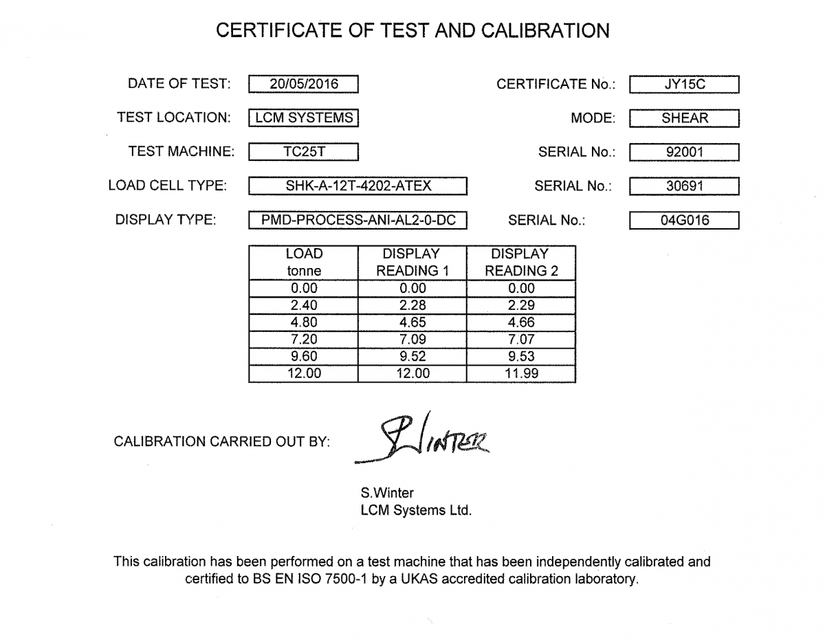lcm4643 atex Cella di Carico a Grillo certificato di calibrazione