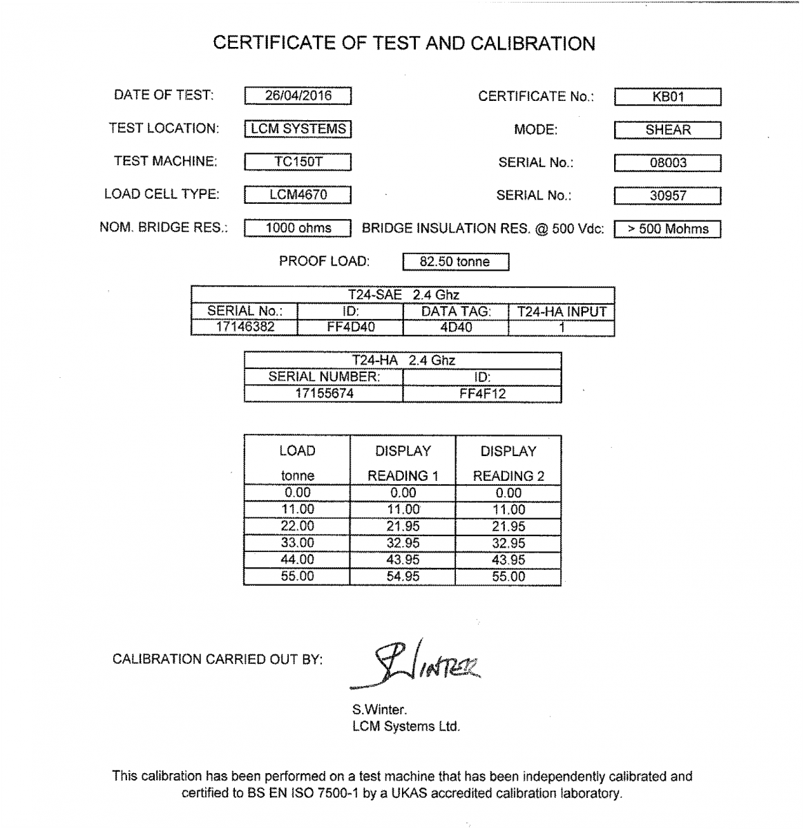 lcm4670 Cella di Carico a Grillo certificato di calibrazione